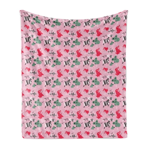 Cartoon Soft Flannel Fleece Throw Blanket, Pattern of Safari Animals Zebra Koala Crocodile Zoo Jungle, Cozy Plush for Indoor and Outdoor Use, 50" x 60", Baby Pink and Multicolor, by Ambesonne