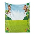 thumbnail image 1 of Cartoon Soft Flannel Fleece Throw Blanket, Playful Monkeys Hanging on Vines Young Kid Chimpanzees Summer Fun, Cozy Plush for Indoor and Outdoor Use, 60" x 80", Pale Blue Brown Green, by Ambesonne, 1 of 6