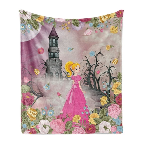 Cartoon Soft Flannel Fleece Throw Blanket, Princess in Front of a Castle with Blossoming Flowers Fairytale, Cozy Plush for Indoor and Outdoor Use, 50" x 70", Multicolor, by Ambesonne