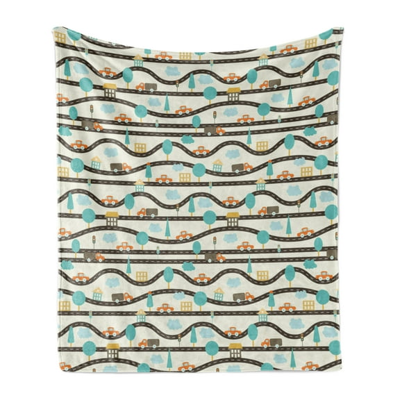 Cartoon Soft Flannel Fleece Throw Blanket, Print of Wavy Roads Cars Traffic Signs and Trees in Childish Pattern, Cozy Plush for Indoor and Outdoor Use, 50" x 60", Ivory and Multicolor, by Ambesonne