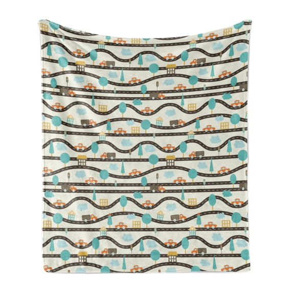 Cartoon Soft Flannel Fleece Throw Blanket, Print of Wavy Roads Cars Traffic Signs and Trees in Childish Pattern, Cozy Plush for Indoor and Outdoor Use, 60" x 80", Ivory and Multicolor, by Ambesonne