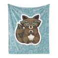 thumbnail image 1 of Cartoon Soft Flannel Fleece Throw Blanket, Raccoon Meditating on Blue Meadow Spring Flowers Graphic Art, Cozy Plush for Indoor and Outdoor Use, 60" x 80", Dark Green Turquoise, by Ambesonne, 1 of 5