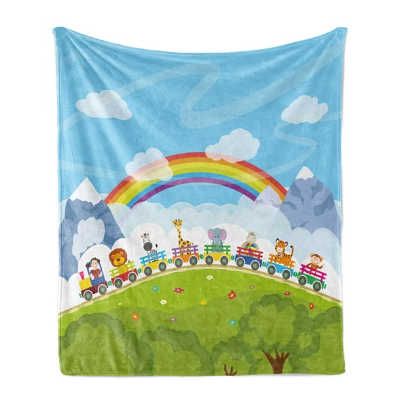 Cartoon Soft Flannel Fleece Throw Blanket, Railway Train with Various Animals and a Rainbow Mountains Clouds Trees, Cozy Plush for Indoor and Outdoor Use, 60" x 80", Multicolor, by Ambesonne
