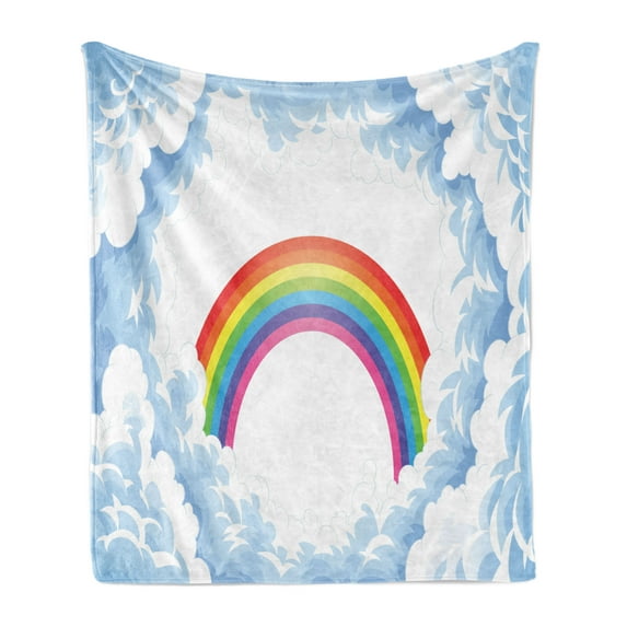 Cartoon Soft Flannel Fleece Throw Blanket, Rainbow Above Fluffy Romantic Clouds Nursery Art Design, Cozy Plush for Indoor and Outdoor Use, 50" x 60", Baby Blue Yellow, by Ambesonne