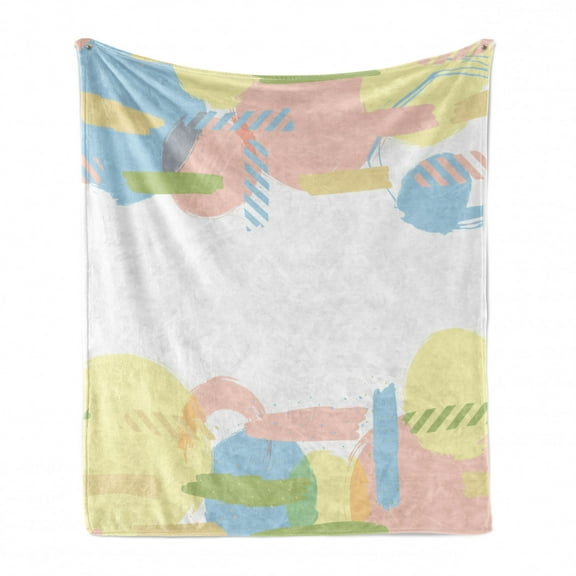 Cartoon Soft Flannel Fleece Throw Blanket, Random Strokes Brushes in Circular and Band Shapes Dashes with Pastel Tones, Cozy Plush for Indoor and Outdoor Use, 50" x 70", Multicolor, by Ambesonne