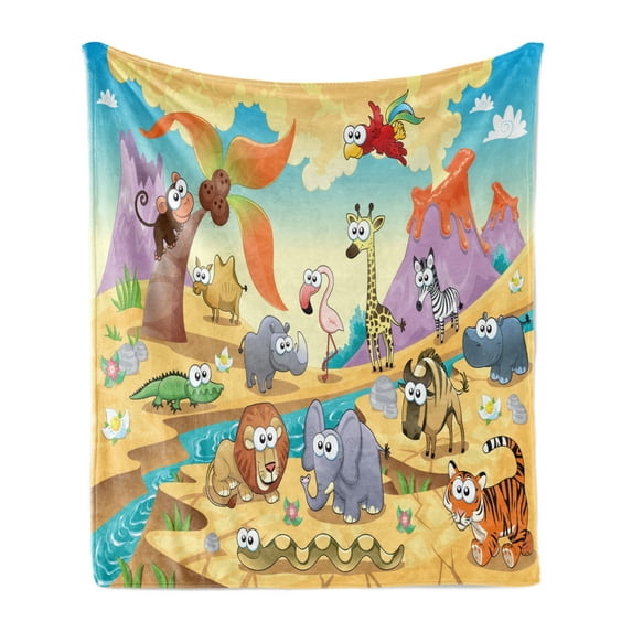 Cartoon Soft Flannel Fleece Throw Blanket, Savannah Animal Family Volcanos Mammals Nature Beasts Hippo Camel Sketch Design, Cozy Plush for Indoor and Outdoor Use, 70" x 90", Multicolor, by Ambesonne