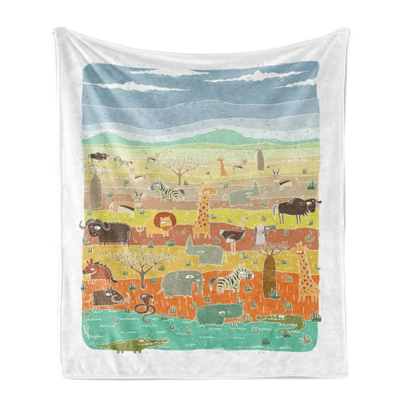 Cartoon Soft Flannel Fleece Throw Blanket, Savannah with Doodle Animals Snake Giraffe Lion Boar Zebra and Crocodile, Cozy Plush for Indoor and Outdoor Use, 60" x 80", Multicolor, by Ambesonne