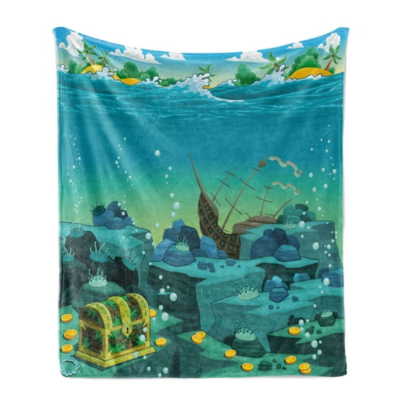 Cartoon Soft Flannel Fleece Throw Blanket, Seascape Underwater Treasure Galleon and Sunk Ship Pirate Kids Print, Cozy Plush for Indoor and Outdoor Use, 60" x 80", Teal and Yellow, by Ambesonne
