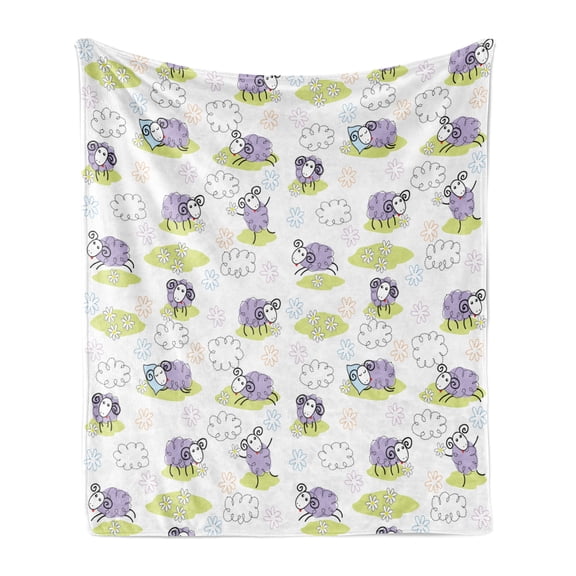 Cartoon Soft Flannel Fleece Throw Blanket, Sheep with Clouds Constructed out of Dots Happy Animals Child Friendly Print, Cozy Plush for Indoor and Outdoor Use, 50" x 60", Lavender, by Ambesonne