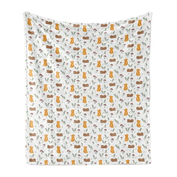 Cartoon Soft Flannel Fleece Throw Blanket, Simple Repetitive Pattern with Fox Teddy Bear Mushrooms and Fern, Cozy Plush for Indoor and Outdoor Use, 50" x 60", Multicolor, by Ambesonne