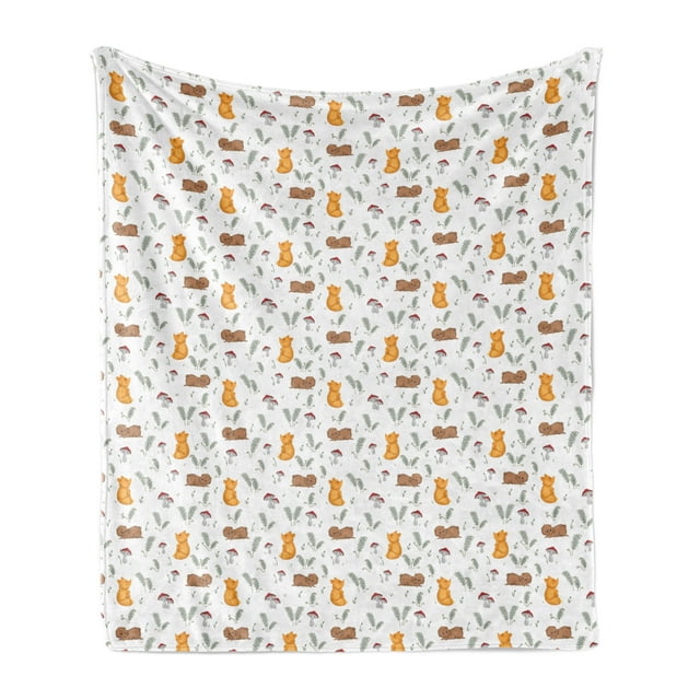 Cartoon Soft Flannel Fleece Throw Blanket, Simple Repetitive Pattern with Fox Teddy Bear Mushrooms and Fern, Cozy Plush for Indoor and Outdoor Use, 50" x 70", Multicolor, by Ambesonne