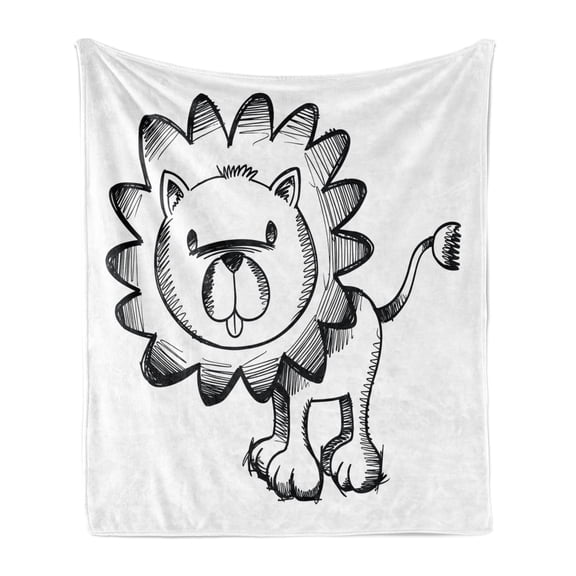 Cartoon Soft Flannel Fleece Throw Blanket, Sketchy Baby Lion Wildlife Character Safari Jungle Savanna Habitat Theme, Cozy Plush for Indoor and Outdoor Use, 60" x 80", Black White, by Ambesonne