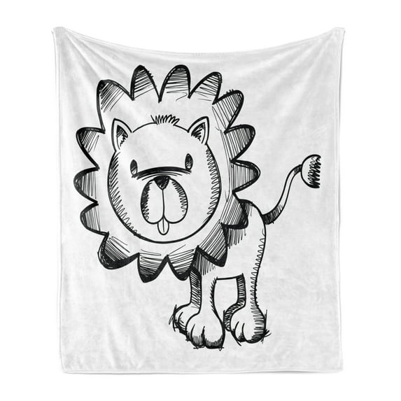 Cartoon Soft Flannel Fleece Throw Blanket, Sketchy Baby Lion Wildlife Character Safari Jungle Savanna Habitat Theme, Cozy Plush for Indoor and Outdoor Use, 60" x 80", Black White, by Ambesonne