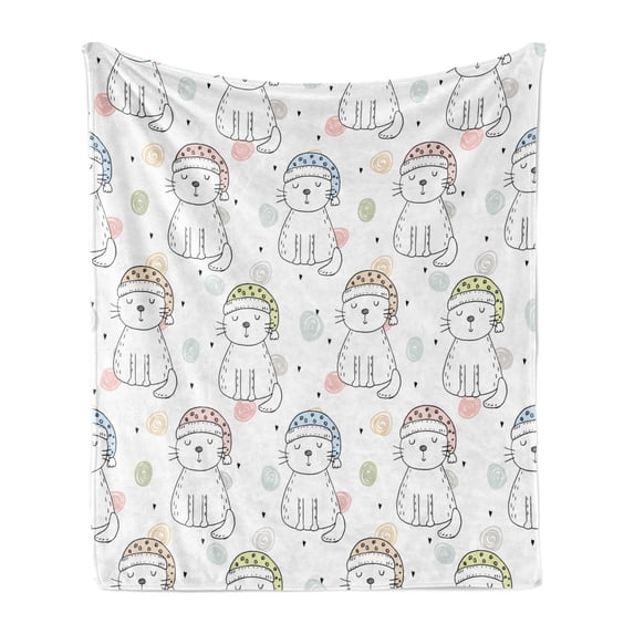 Cartoon Soft Flannel Fleece Throw Blanket, Sleepy Cat Colorful Hats Night Time Night Animals, Cozy Plush for Indoor and Outdoor Use, 50" x 70", Pale Yellow Baby Blue, by Ambesonne