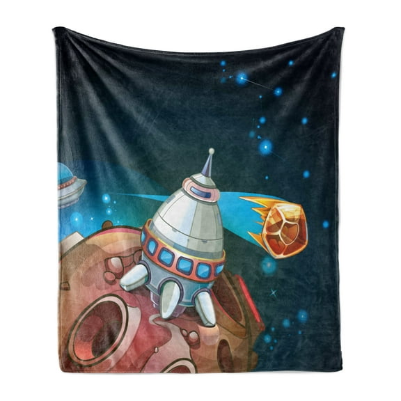 Cartoon Soft Flannel Fleece Throw Blanket, Spacecraft Planets Outer Space Theme Rocket Stars Galaxy Cosmic Illustration, Cozy Plush for Indoor and Outdoor Use, 70" x 90", Multicolor, by Ambesonne