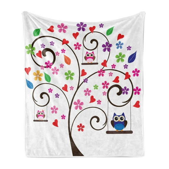 Cartoon Soft Flannel Fleece Throw Blanket, Spring Tree with Curly Branches Colorful Fresh Blossoms Owls Swinging, Cozy Plush for Indoor and Outdoor Use, 50" x 70", Black Multicolor, by Ambesonne