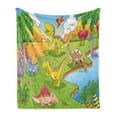 thumbnail image 1 of Cartoon Soft Flannel Fleece Throw Blanket, Style Animals in Prehistoric Scene Meadow Trees and Flowers, Cozy Plush for Indoor and Outdoor Use, 70" x 90", Pale Coffee Lime Green, by Ambesonne, 1 of 5