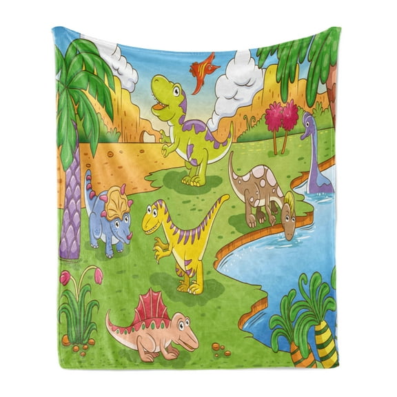 Cartoon Soft Flannel Fleece Throw Blanket, Style Animals in Prehistoric Scene Meadow Trees and Flowers, Cozy Plush for Indoor and Outdoor Use, 70" x 90", Pale Coffee Lime Green, by Ambesonne