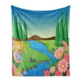 thumbnail image 1 of Cartoon Soft Flannel Fleece Throw Blanket, Style Illustration of a Little Girl in Calming Nature Green Fields River, Cozy Plush for Indoor and Outdoor Use, 50" x 70", Multicolor, by Ambesonne, 1 of 6