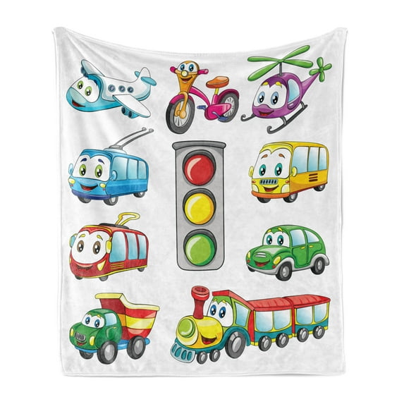 Cartoon Soft Flannel Fleece Throw Blanket, Style Urban Public Transportation Characters with Smiling Friendly Faces, Cozy Plush for Indoor and Outdoor Use, 50" x 70", Multicolor, by Ambesonne