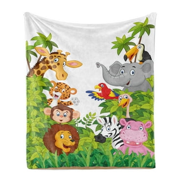 Cartoon Soft Flannel Fleece Throw Blanket, Style Zoo Animals Safari Jungle Mascots Tropical Forest Wildlife Pattern, Cozy Plush for Indoor and Outdoor Use, 70" x 90", Multicolor, by Ambesonne