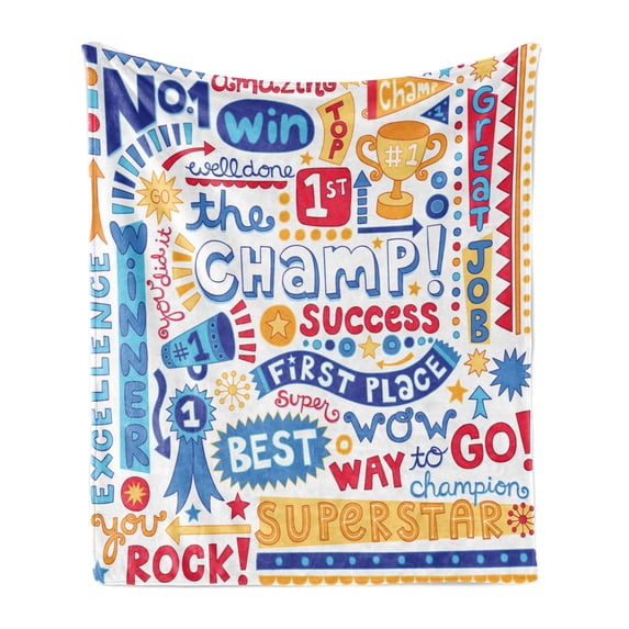 Cartoon Soft Flannel Fleece Throw Blanket, Success Typography Champ Win Best Superstar Way to Go You Rock Top Achievement, Cozy Plush for Indoor and Outdoor Use, 50" x 70", Multicolor, by Ambesonne