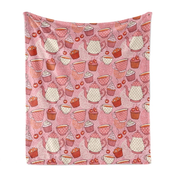 Cartoon Soft Flannel Fleece Throw Blanket, Teapots Cups with Polka Dots Patterns Cherries Cakes Tea Coffee Pattern, Cozy Plush for Indoor and Outdoor Use, 50" x 70", Pink Orange and Red, by Ambesonne
