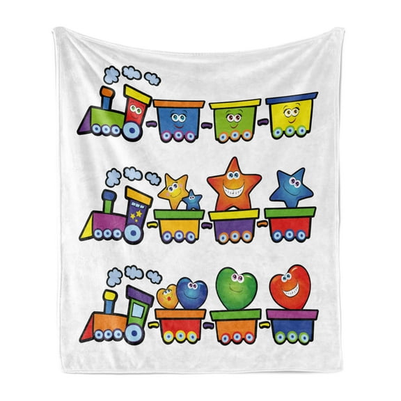 Cartoon Soft Flannel Fleece Throw Blanket, Trains Loaded with Stars Hearts and Smiles Cheerful Happy Locomotive Print, Cozy Plush for Indoor and Outdoor Use, 70" x 90", Multicolor, by Ambesonne