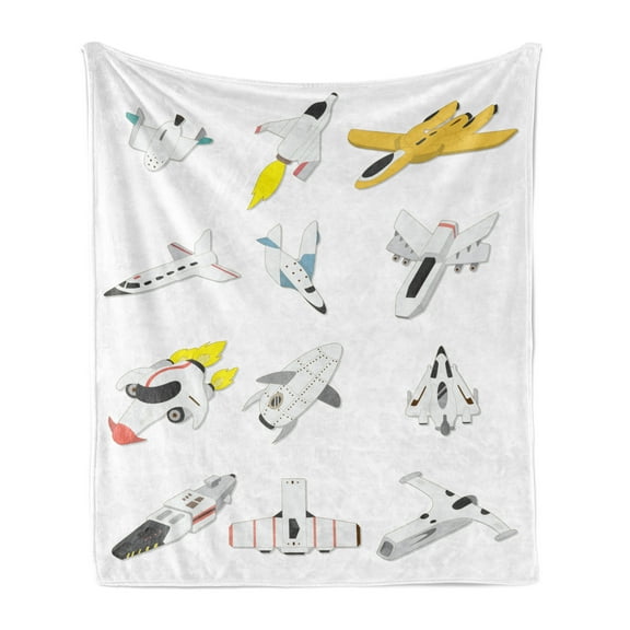 Cartoon Soft Flannel Fleece Throw Blanket, Traveling Through the Cosmos Themed Drawing Astronautics Abstract Crafts, Cozy Plush for Indoor and Outdoor Use, 70" x 90", Multicolor, by Ambesonne