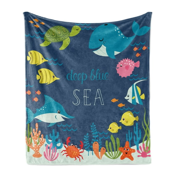 Cartoon Soft Flannel Fleece Throw Blanket, Underwater Graphic Algaes Coral Reefs Turtles Fishes the Life Aquatic, Cozy Plush for Indoor and Outdoor Use, 60" x 80", Multicolor, by Ambesonne