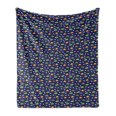 Cartoon Soft Flannel Fleece Throw Blanket, Unknown Flying Object Ufo in Sky with Clouds Playful Children Pattern, Cozy Plush for Indoor and Outdoor Use, 50" x 60", Indigo and Multicolor, by Ambesonne