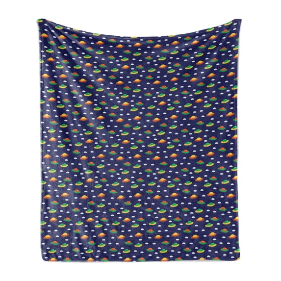 Cartoon Soft Flannel Fleece Throw Blanket, Unknown Flying Object Ufo in Sky with Clouds Playful Children Pattern, Cozy Plush for Indoor and Outdoor Use, 50" x 60", Indigo and Multicolor, by Ambesonne
