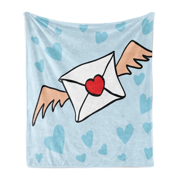 Cartoon Soft Flannel Fleece Throw Blanket, Valentine's Day Design Image of Love Letter with Wings, Cozy Plush for Indoor and Outdoor Use, 50" x 60", Pale Blue Vermilion, by Ambesonne