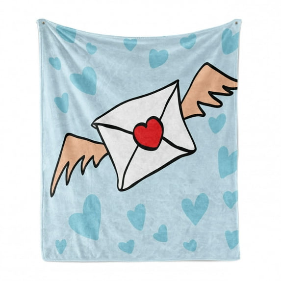 Cartoon Soft Flannel Fleece Throw Blanket, Valentine's Day Design Image of Love Letter with Wings, Cozy Plush for Indoor and Outdoor Use, 70" x 90", Pale Blue Vermilion, by Ambesonne