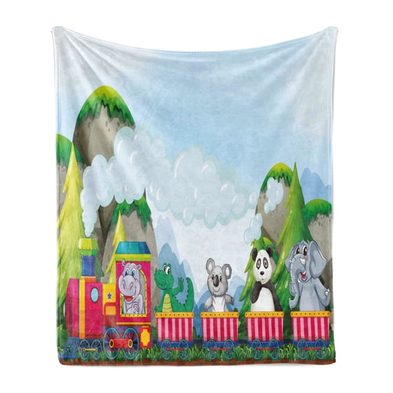 Cartoon Soft Flannel Fleece Throw Blanket, Various Animals Riding on Train in the Park with Mountains Illustration, Cozy Plush for Indoor and Outdoor Use, 60" x 80", Multicolor, by Ambesonne