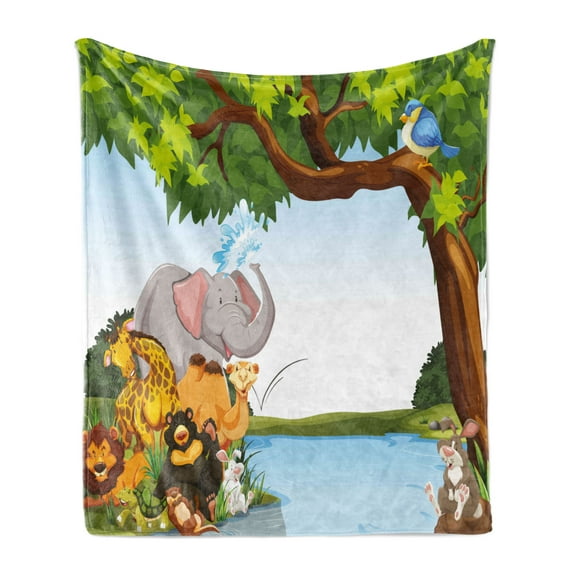 Cartoon Soft Flannel Fleece Throw Blanket, Various Cartoon Style Animals Together by River Bank Tree Bird Funny Wildlife, Cozy Plush for Indoor and Outdoor Use, 60" x 80", Multicolor, by Ambesonne