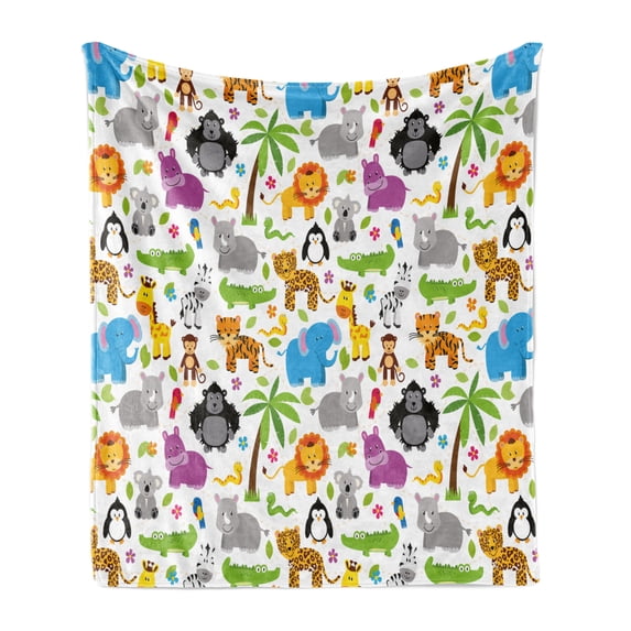 Cartoon Soft Flannel Fleece Throw Blanket, Various Types of Animals Drawn Manner Lions Koalas Tigers Crocodiles Monkeys, Cozy Plush for Indoor and Outdoor Use, 70" x 90", Multicolor, by Ambesonne