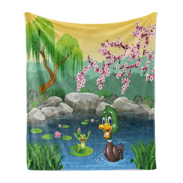 Cartoon Soft Flannel Fleece Throw Blanket, Vector Ducks Frogs in a Lake Pond Trees Image Kids Nursery Design Artwork, Cozy Plush for Indoor and Outdoor Use, 60" x 80", Multicolor, by Ambesonne