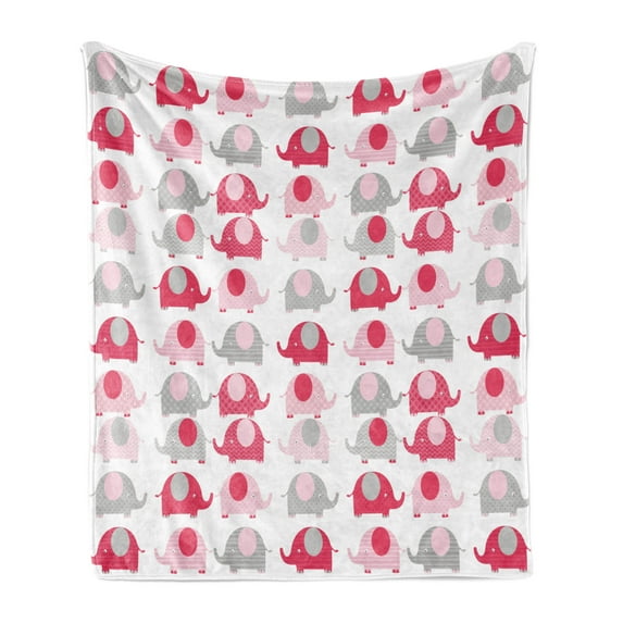 Cartoon Soft Flannel Fleece Throw Blanket, Vibrant Colored Abstract Elephants Polka Dots Chevron Motifs, Cozy Plush for Indoor and Outdoor Use, 60" x 80", Dark Coral Pale Pink, by Ambesonne