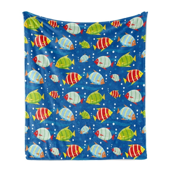 Cartoon Soft Flannel Fleece Throw Blanket, Vibrant Colored Fish on a Navy Blue Background Marine Life Digital Art, Cozy Plush for Indoor and Outdoor Use, 50" x 70", Navy Blue Multicolor, by Ambesonne