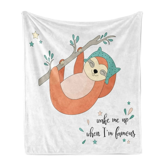 Cartoon Soft Flannel Fleece Throw Blanket, Wake Me up When I Am Famous Text Sleepy Sloth Hanging on the Branch Illustration, Cozy Plush for Indoor and Outdoor Use, 60" x 80", Multicolor, by Ambesonne