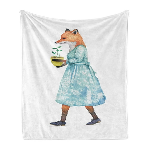 Cartoon Soft Flannel Fleece Throw Blanket, Watercolor Lady Fox in a Dress Carrying Flower Pot, Cozy Plush for Indoor and Outdoor Use, 70" x 90", Multicolor, by Ambesonne
