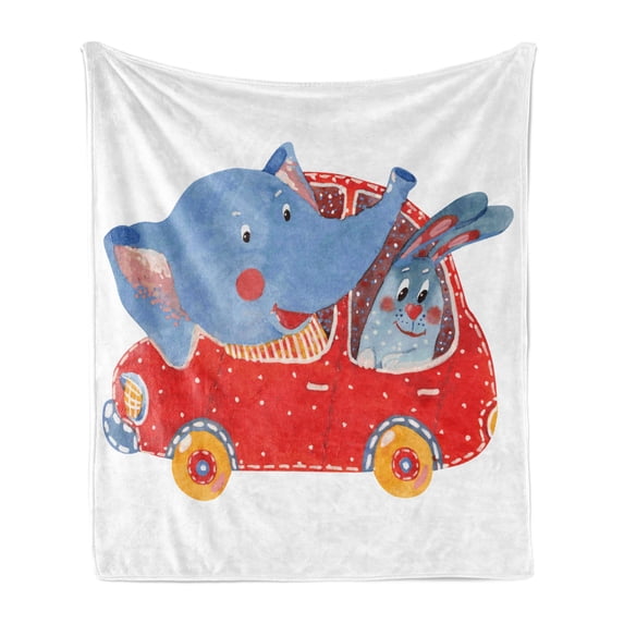 Cartoon Soft Flannel Fleece Throw Blanket, Watercolor Sketch of Young Blushed and Hare in Small Car Friend Travel, Cozy Plush for Indoor and Outdoor Use, 70" x 90", Blue Red White, by Ambesonne