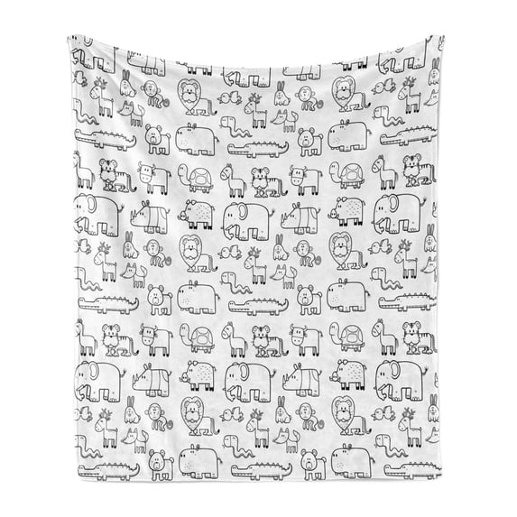 Cartoon Soft Flannel Fleece Throw Blanket, Wild Animals Set in Coloring Book Style Safari Fauna in Monochrome Design, Cozy Plush for Indoor and Outdoor Use, 50" x 70", Black White, by Ambesonne