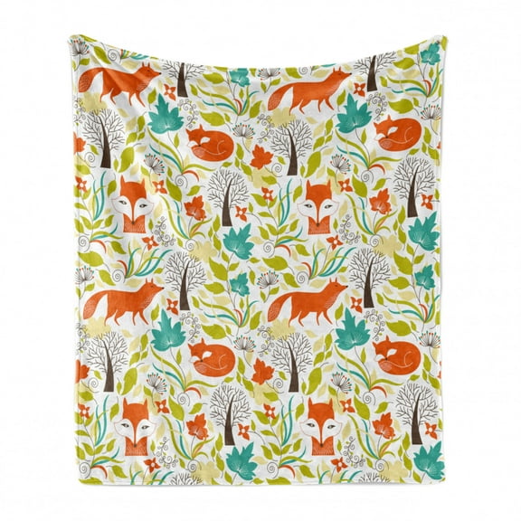 Cartoon Soft Flannel Fleece Throw Blanket, Wild Fox Wolf with Leaves Flowers and Leafless Trees Print, Cozy Plush for Indoor and Outdoor Use, 70" x 90", Orange Green and Blue, by Ambesonne
