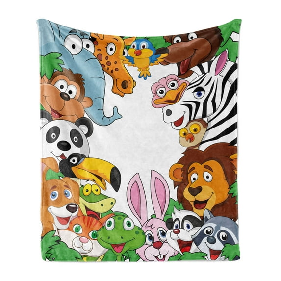 Cartoon Soft Flannel Fleece Throw Blanket, Wild Jungle Animals Tropical Fauna Family Theme Happy Faces in Style Comic, Cozy Plush for Indoor and Outdoor Use, 50" x 60", Multicolor, by Ambesonne