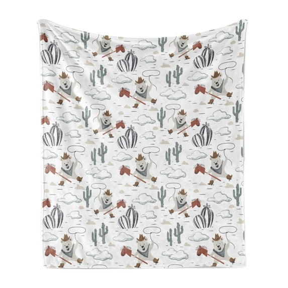 Cartoon Soft Flannel Fleece Throw Blanket, Wild West Pattern with Cowboy Bear Cacti, Cozy Plush for Indoor and Outdoor Use, 50" x 60", Tan Blue Violet, by Ambesonne