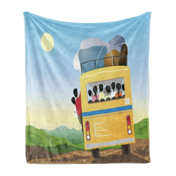 Cartoon Soft Flannel Fleece Throw Blanket, Yellow Bus Full of Passengers and Luggage Driving in Meadows Warm Spring Day, Cozy Plush for Indoor and Outdoor Use, 50" x 60", Multicolor, by Ambesonne