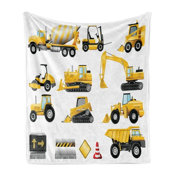 Cartoon Soft Flannel Fleece Throw Blanket, Yellow Color Construction Site Machinery and Signs Illustration, Cozy Plush for Indoor and Outdoor Use, 70" x 90", Earth Yellow Black Red, by Ambesonne