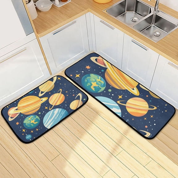 Cartoon Solar System Planet Kitchen Mat Set of 2 Cushioned Non Slip Rugs for Bedroom Floor Runner Mats